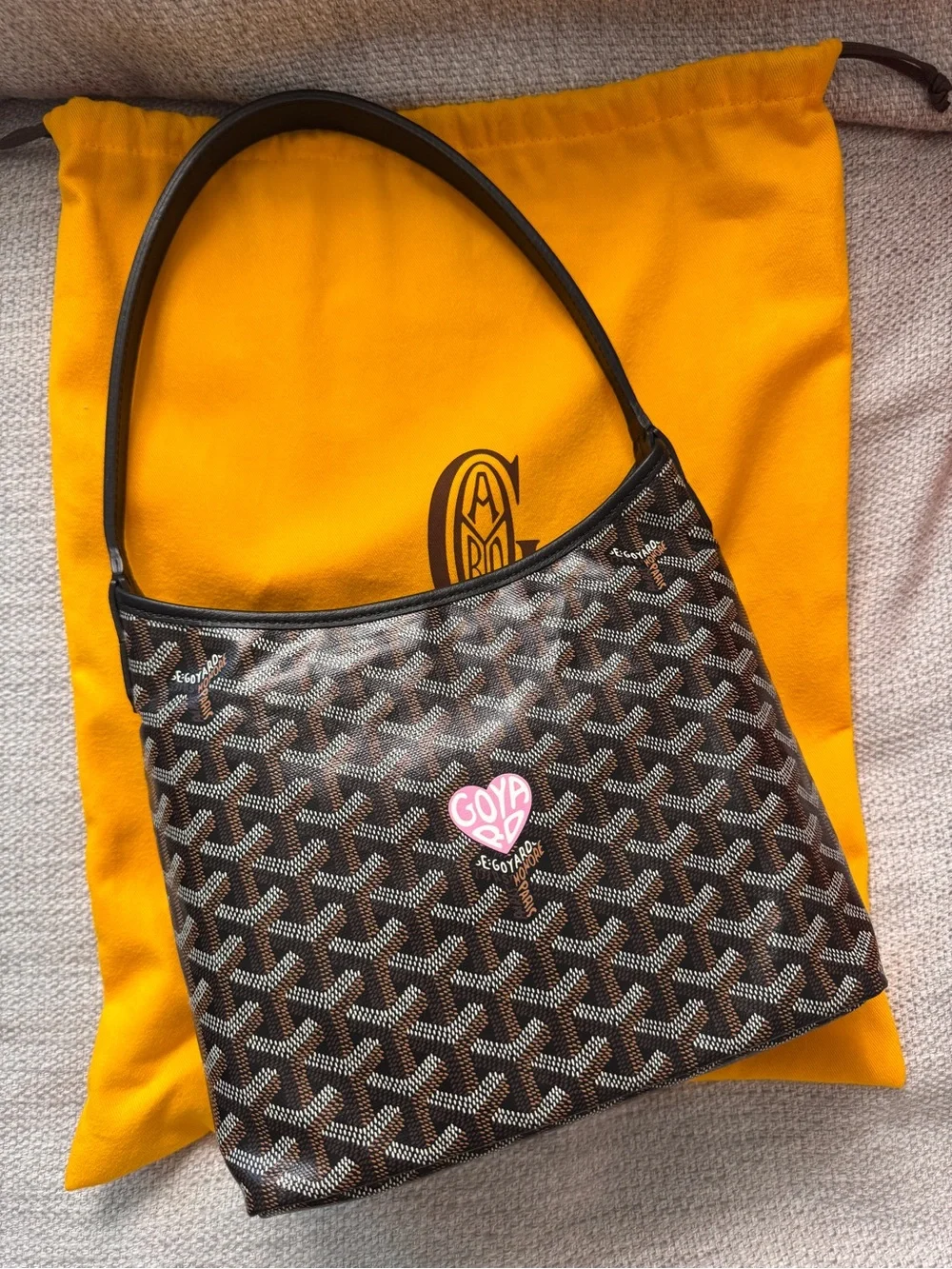 Goyard Mini Boheme Hobo Shoulder Canvas Bag in Black with Pink Heart Marquage